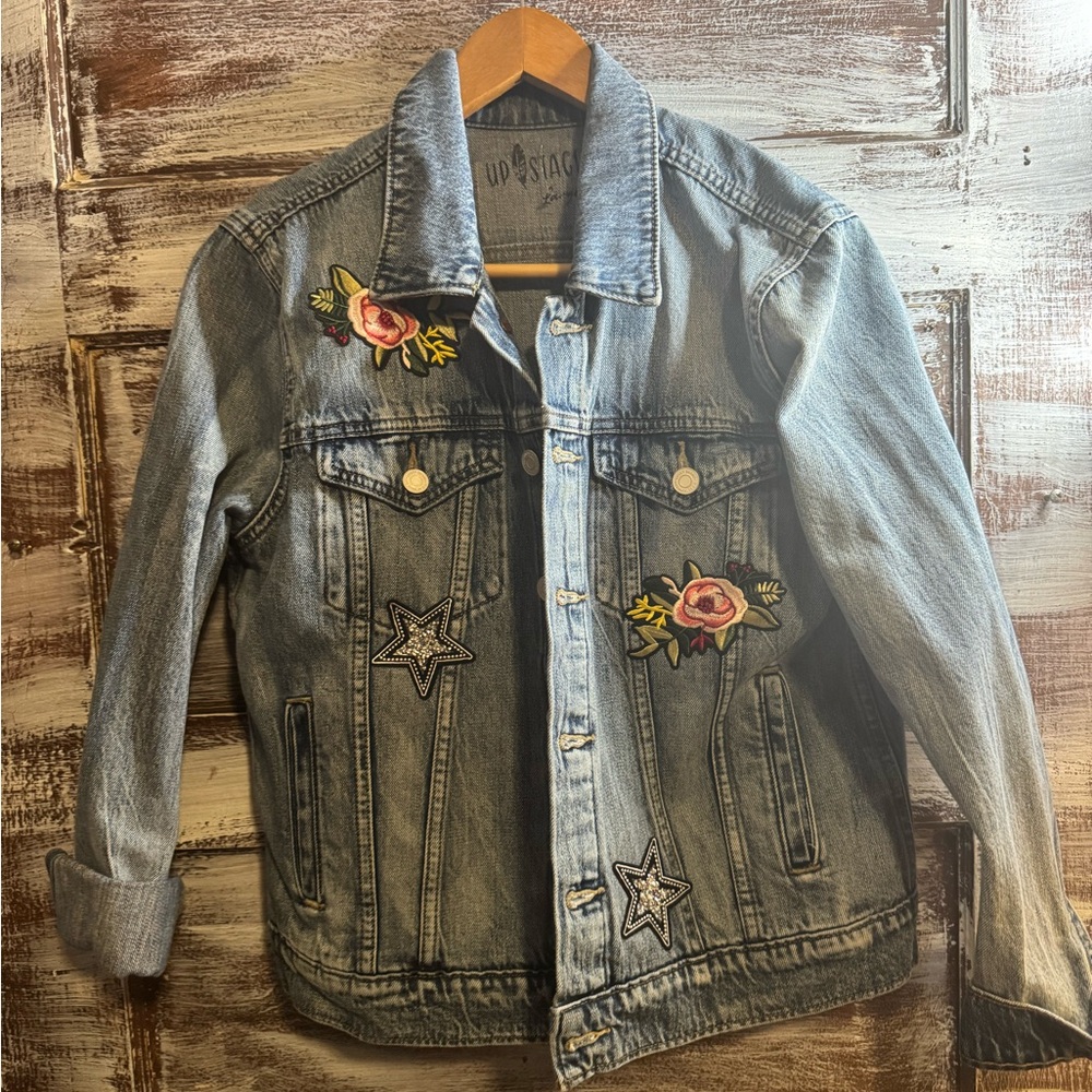 Embroidered Denim Jean Jacket… runs small. More like a medium.